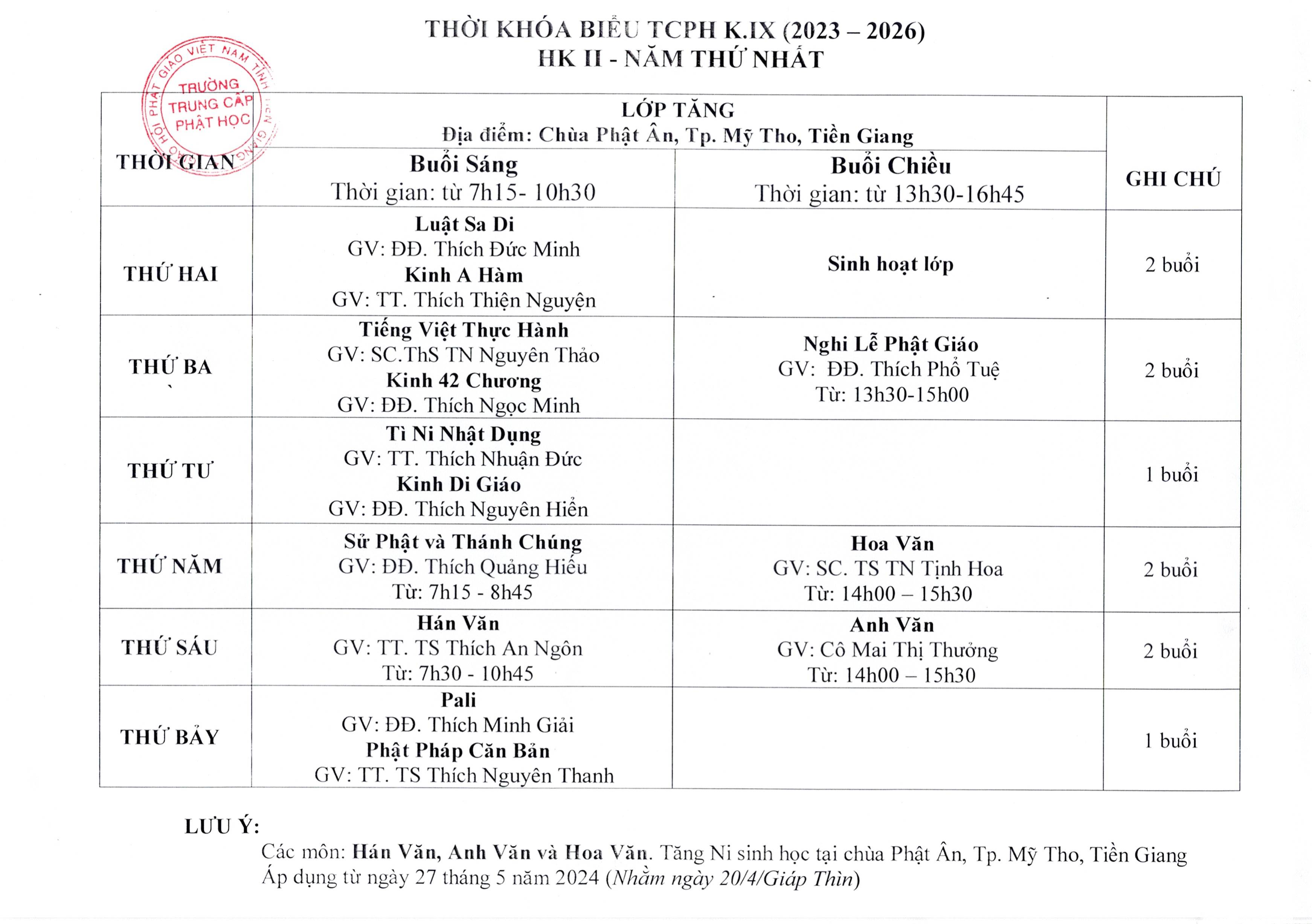 Thời khoá biểu trong thời gian An cư kiết hạ PL 2568 - DL 2024