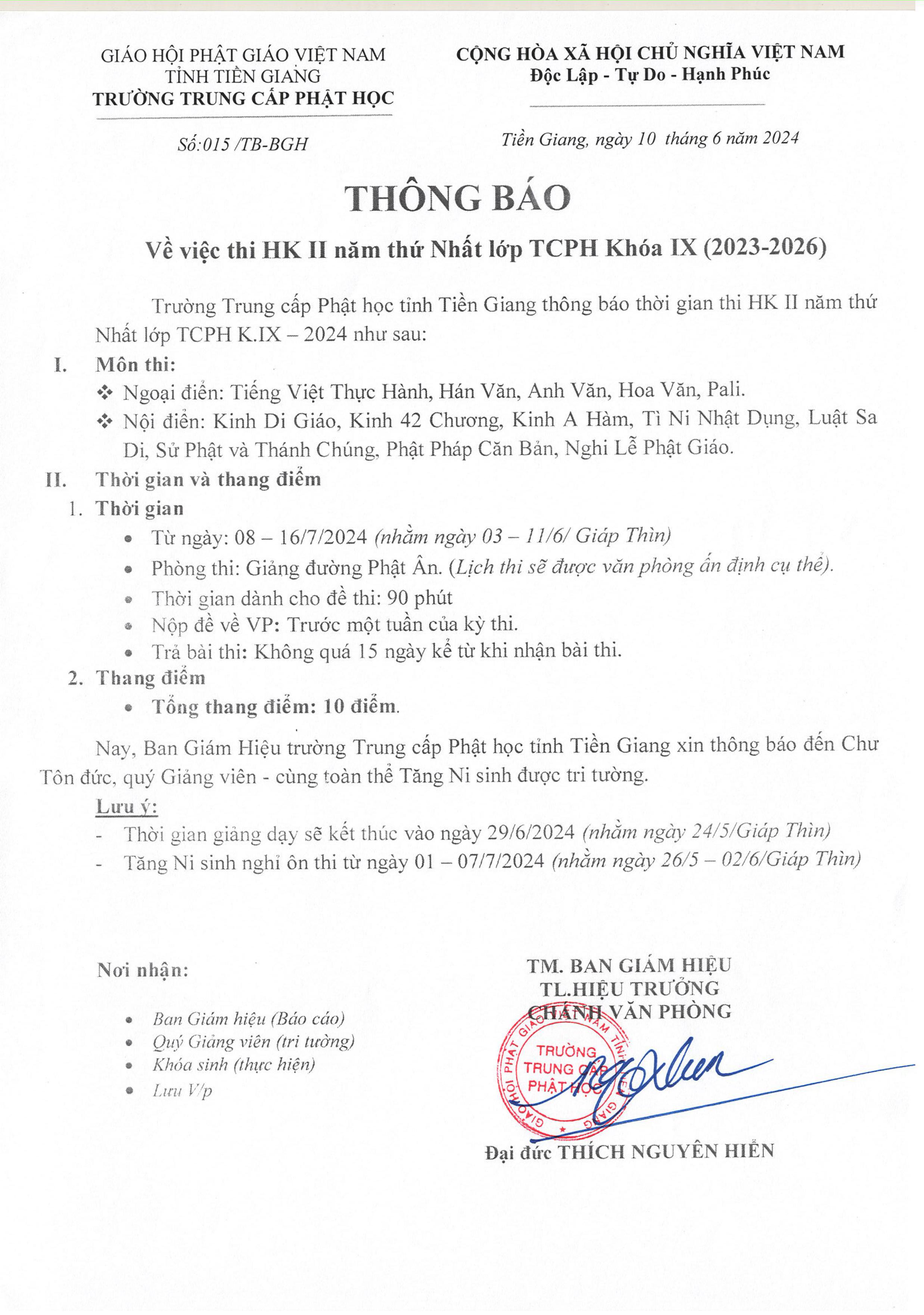 THÔNG BÁO THI HKII - NĂM NHẤT - TCPH K.9